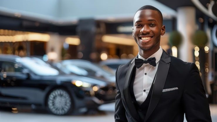 Smiling person in tuxedo, standing near luxury vehicles in a well-lit lobby.