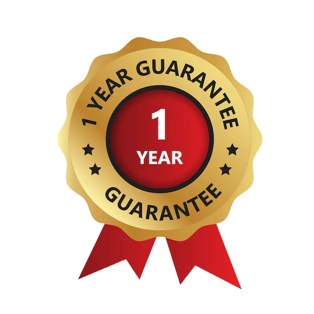 A 1 year guarantee seal with a red ribbon