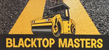 A blacktop masters logo with a yellow roller on the road