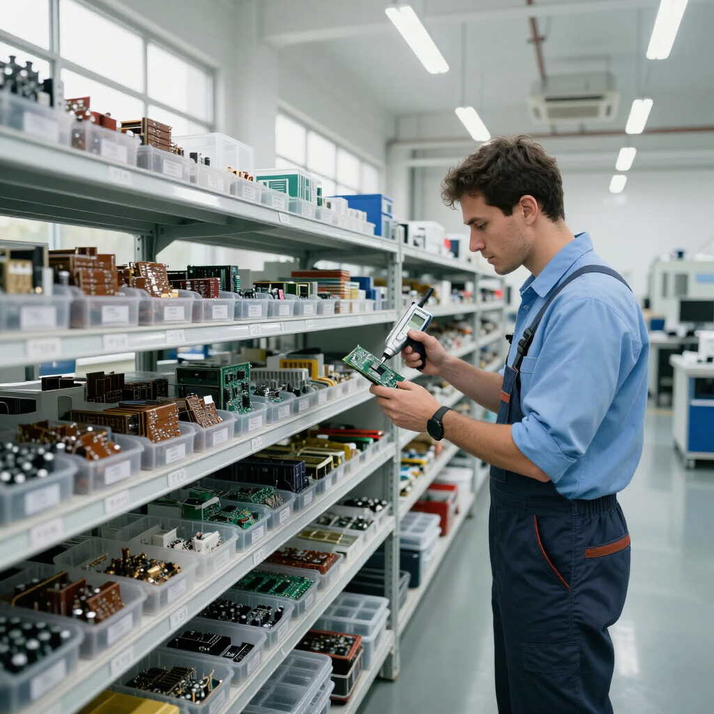 Worker inspecting parts on shelves in a bright warehouse aisle