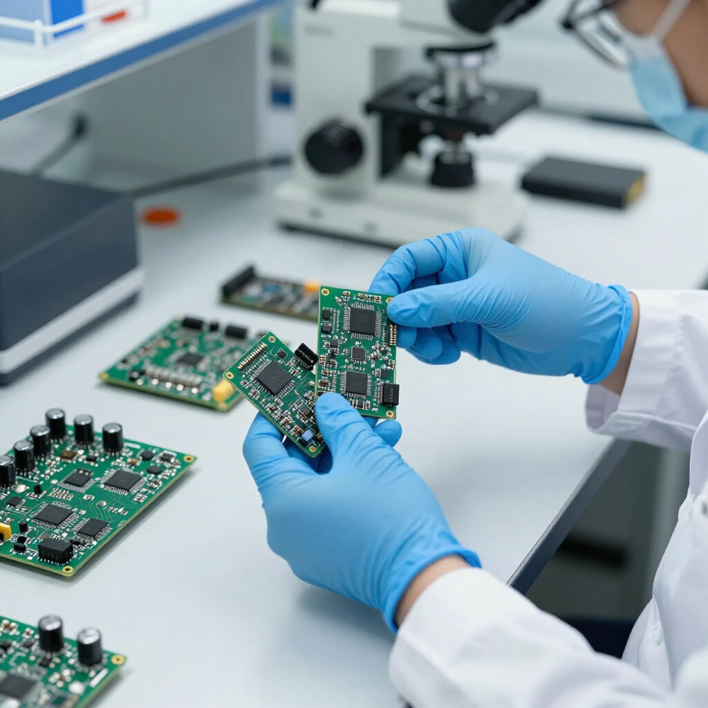 Gloved hands inspecting circuit boards under a microscope in an electronics lab