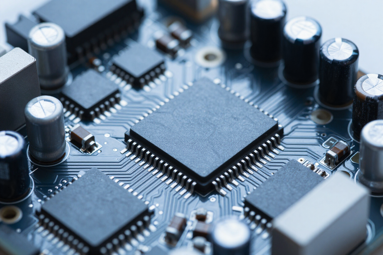 Close-up of a microchip and circuit board with capacitors and electronic components