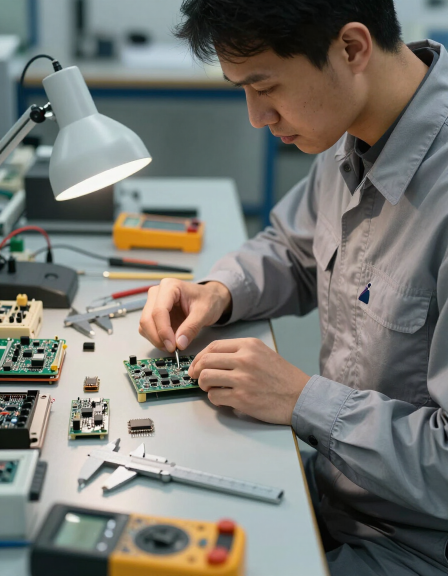Person assembling a circuit board at a workbench with tools and a desk lamp