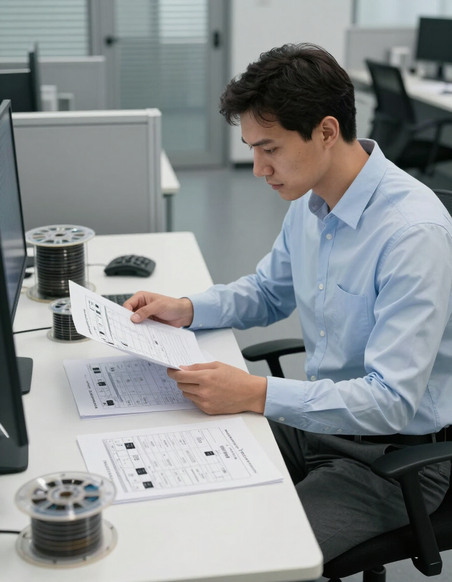 Person in a light blue shirt reviewing documents at a desk in an office, with papers and computer equipment nearby