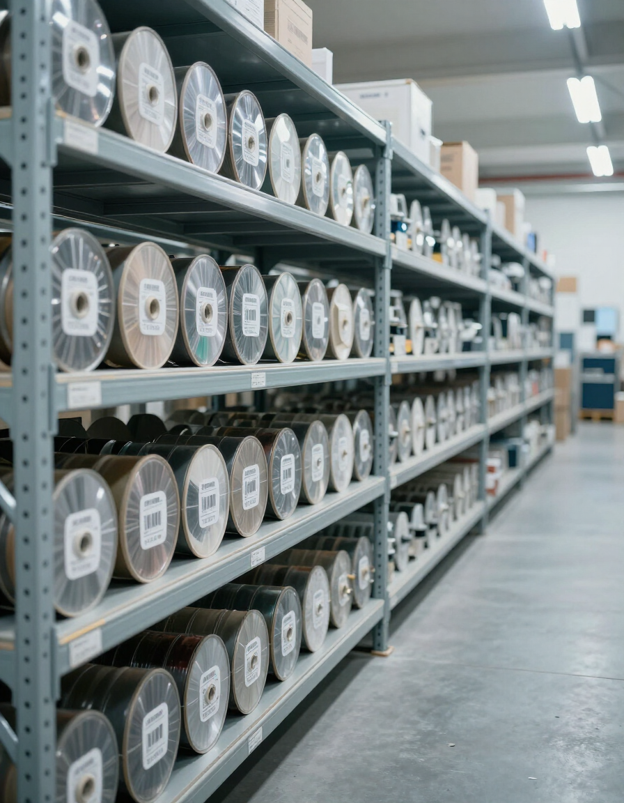 Warehouse aisle with metal shelves stacked with labeled reels or spools in a bright storage facility