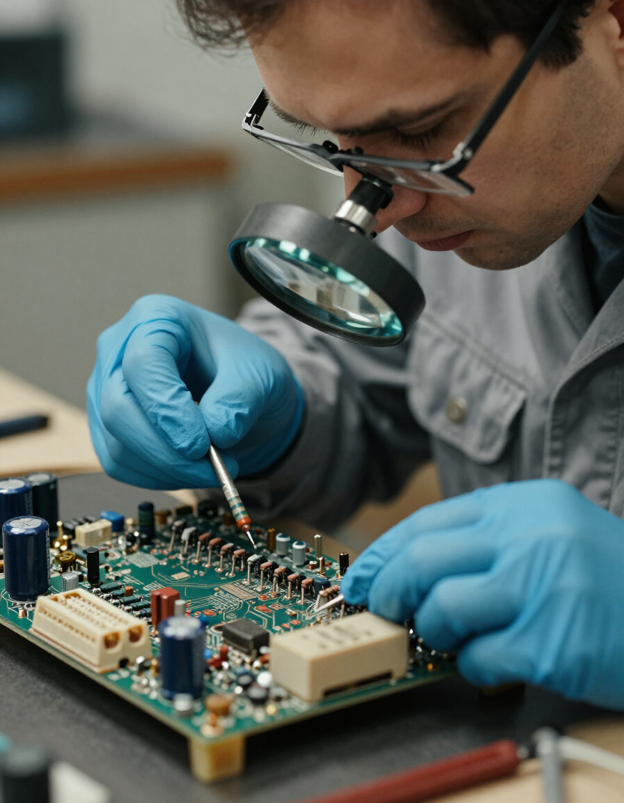 Technician inspecting a circuit board with a magnifying glass and blue gloves in a workshop