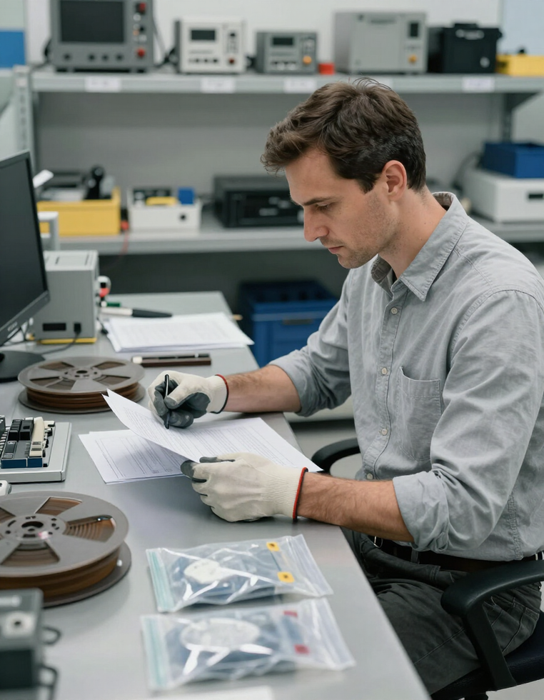 Person in a lab coat and gloves reviewing papers at a workbench with electronics components and equipment.