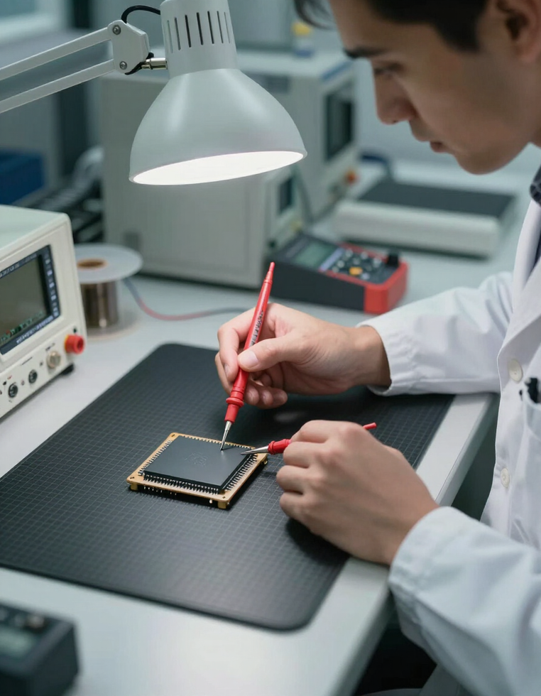 Technician using a red soldering iron on a circuit board under a desk lamp in an electronics lab