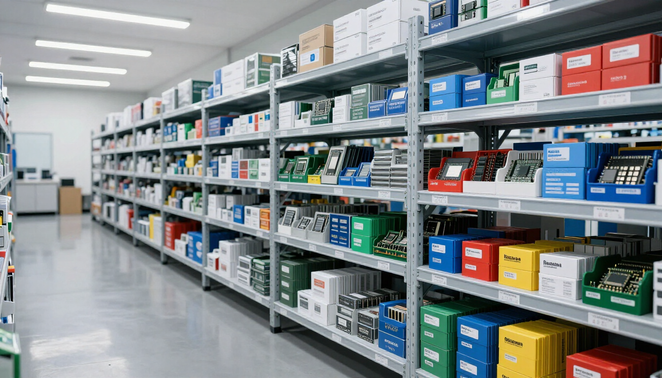 Aisle of stocked store shelves with colorful boxes and packaged goods in a bright warehouse-style interior
