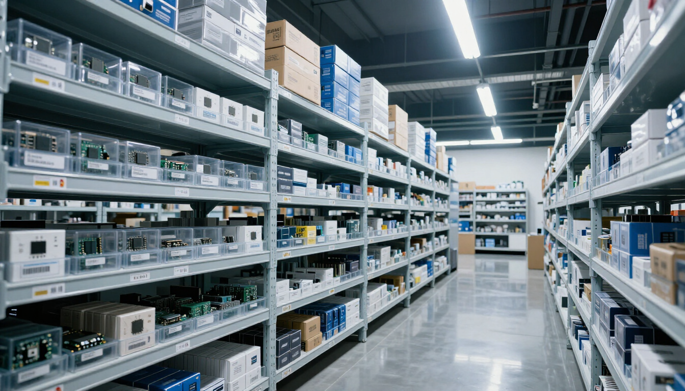 Aisle of warehouse shelves stocked with boxes and supplies under bright overhead lights.