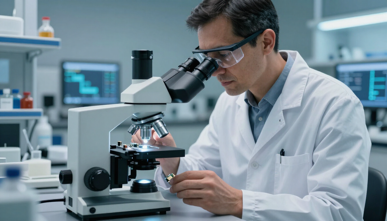 Scientist in a white lab coat using a microscope in a laboratory.