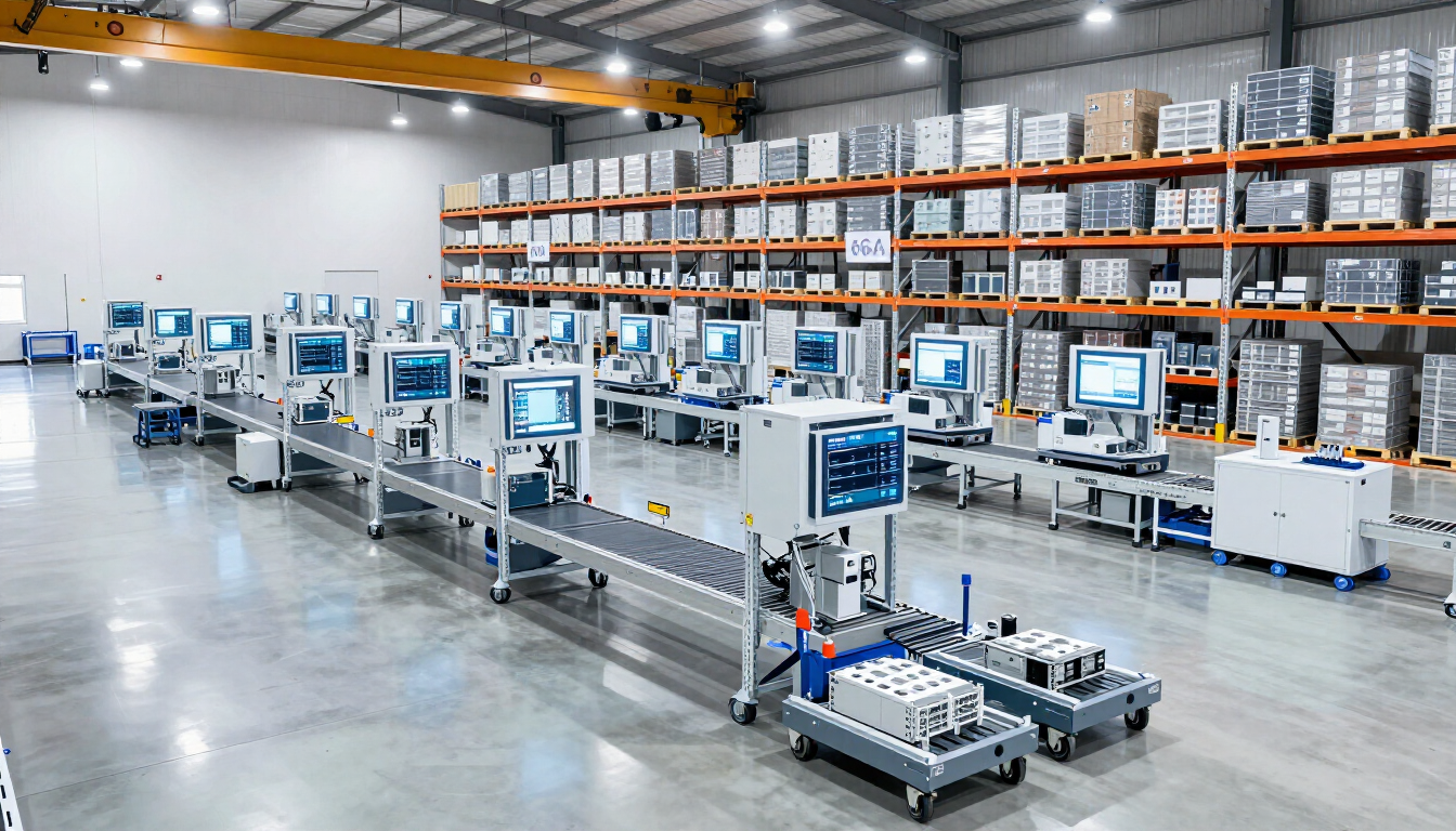 Modern electronics warehouse and supply chain management illustration