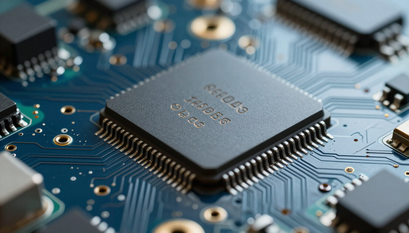 Close-up of electronic component date codes on a semiconductor.