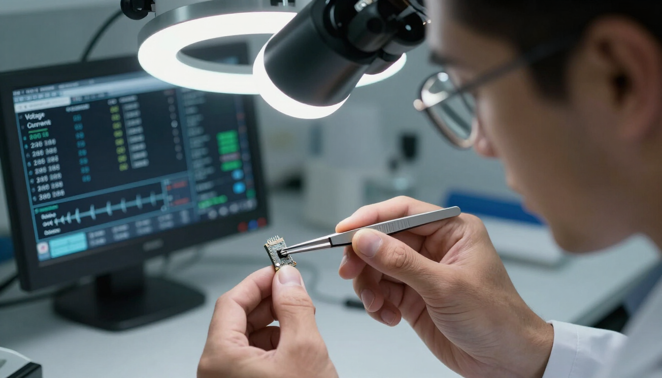Electronic components being inspected under a microscope