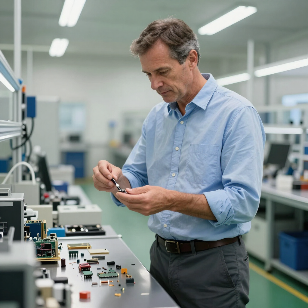 Engineer assembling electronics at a workbench in a bright lab, examining a small component.