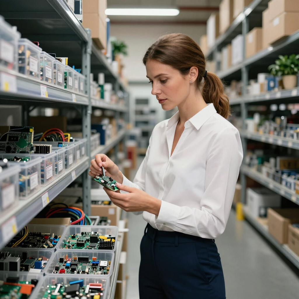 Person in a white shirt inspecting circuit boards on shelves in a warehouse aisle