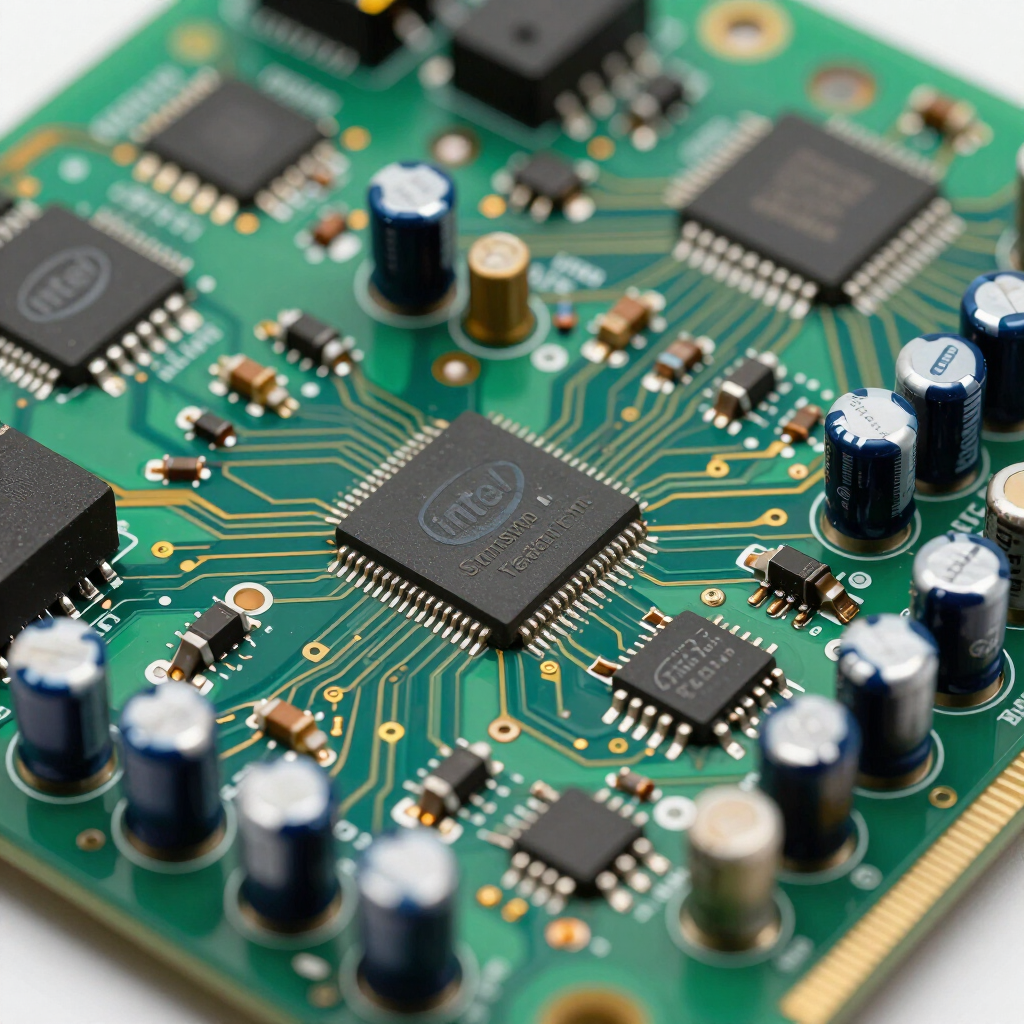 Close-up of a green circuit board with central chip, capacitors, and electronic components