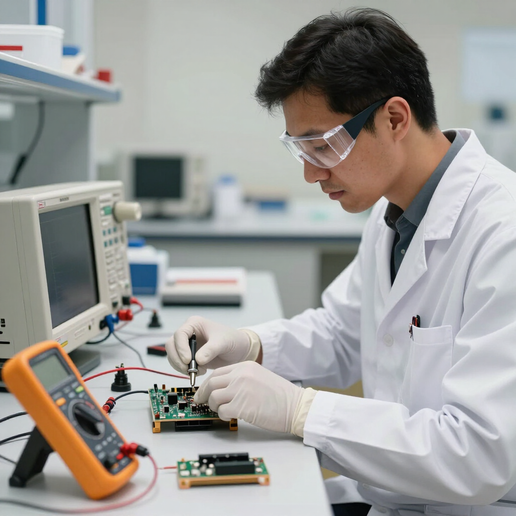 Engineer in lab coat testing circuit boards with a multimeter in a lab setting
