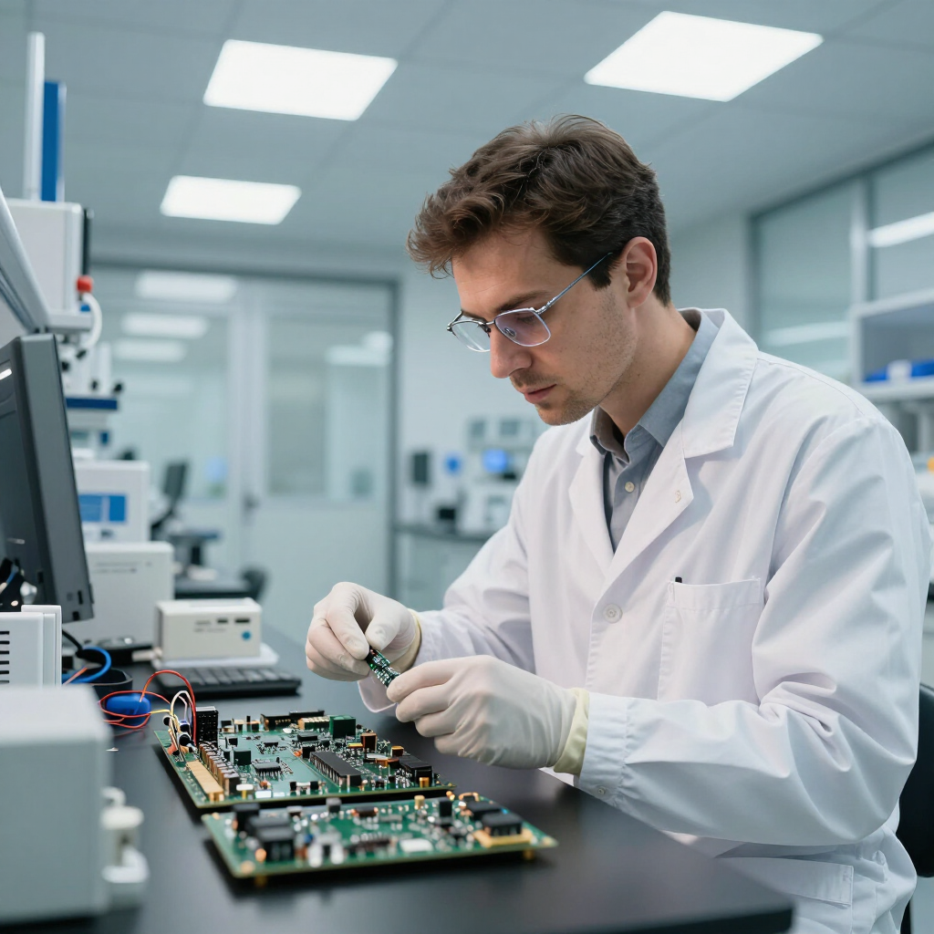 Engineer in white lab coat assembling a circuit board in a bright electronics lab