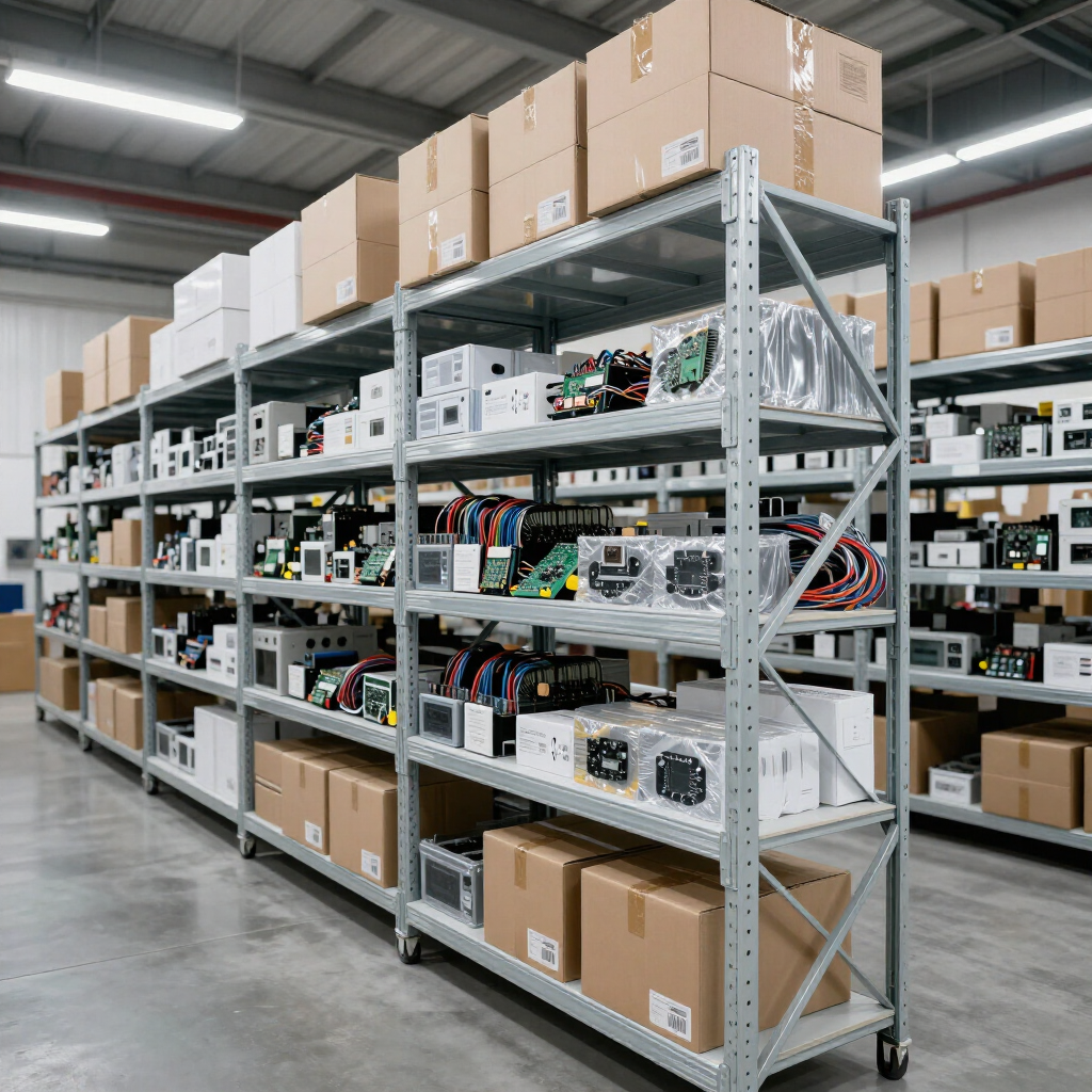 Warehouse shelves stocked with boxed electronics and equipment in a bright industrial storage space