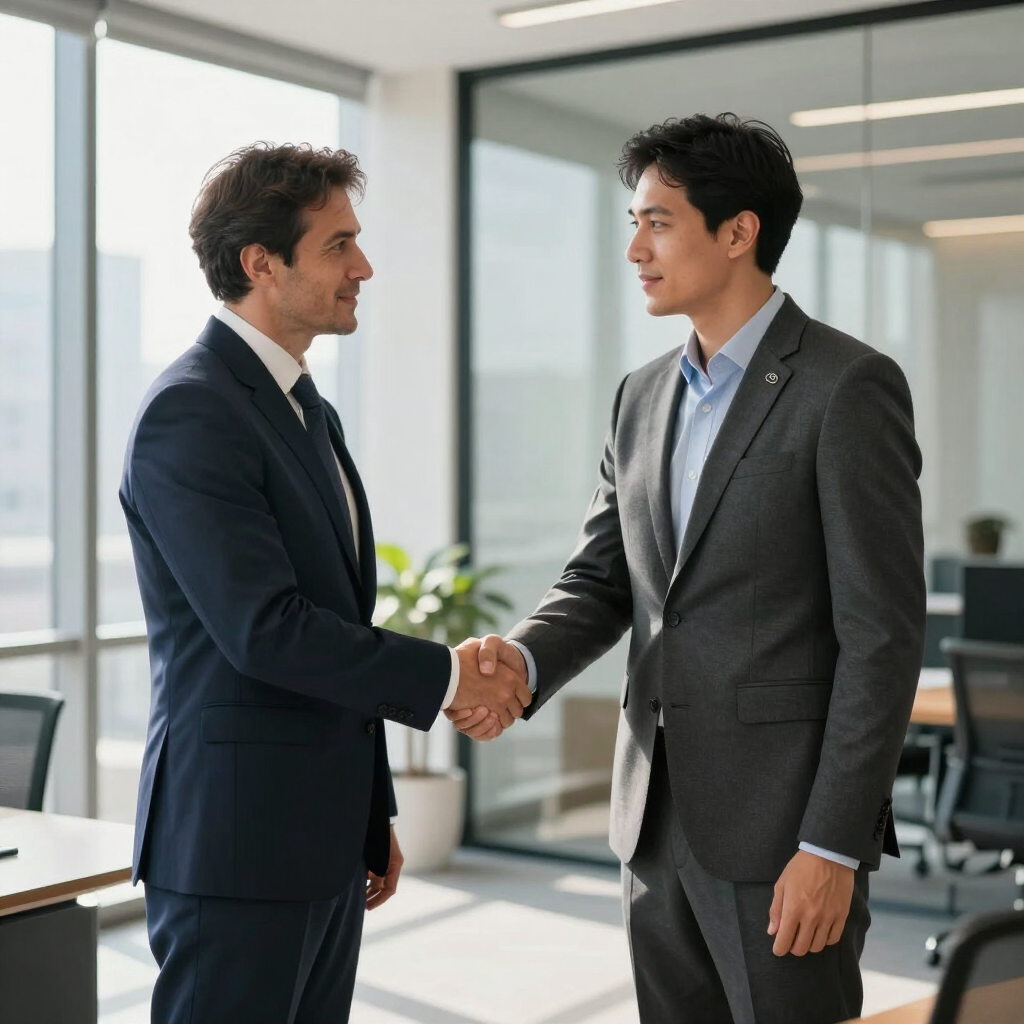 Two professionals in suits shaking hands in a bright office conference room.
