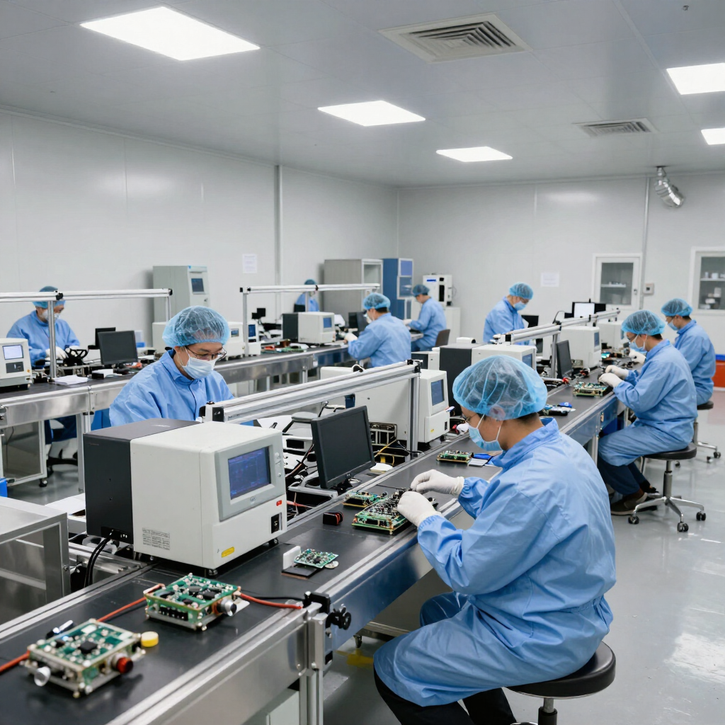 Workers in blue uniforms assemble electronics on a clean factory production line.