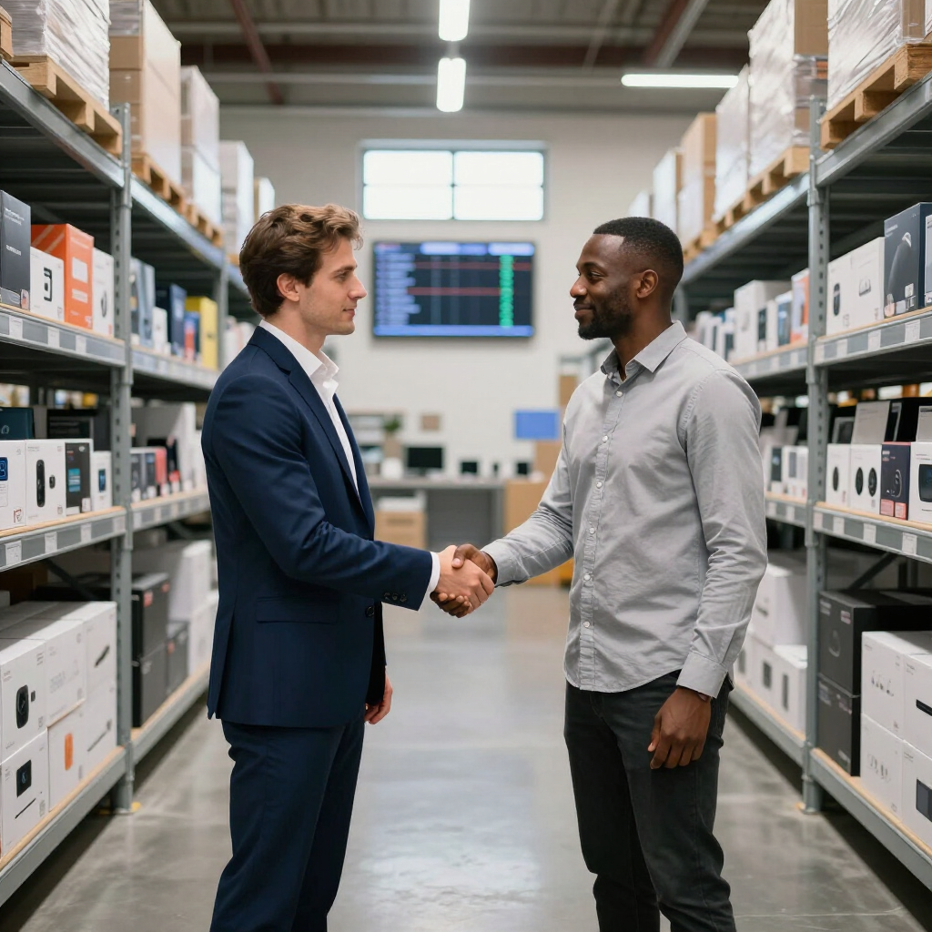 Two men shake hands in a warehouse aisle between tall shelves of boxes and equipment.