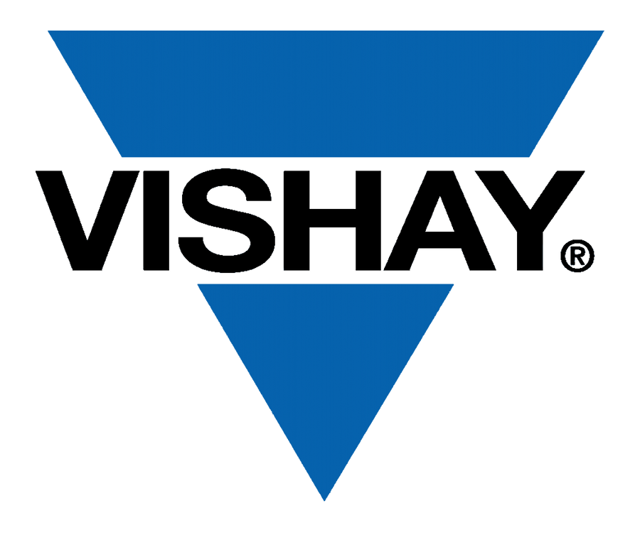 Vishay logo with blue triangular shapes above and below bold black text
