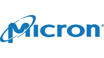 Micron logo in blue with a stylized orbit ring on a white background