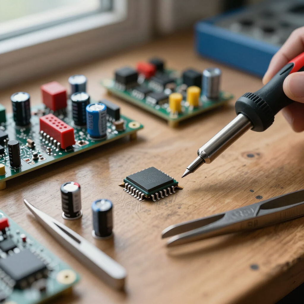 Electronics workbench with circuit boards, soldering iron, and tweezers on a wooden table