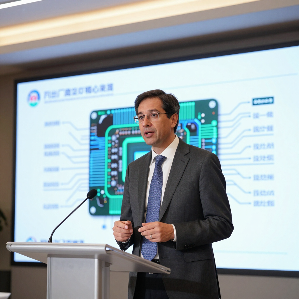 Man speaking at a podium during a presentation, with a large technical diagram on the screen behind him.