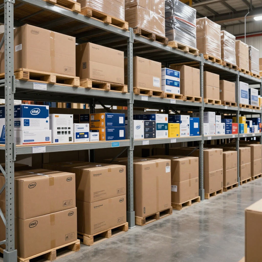 Warehouse aisle with stacked cardboard boxes on pallets and shelving racks, organized inventory storage.