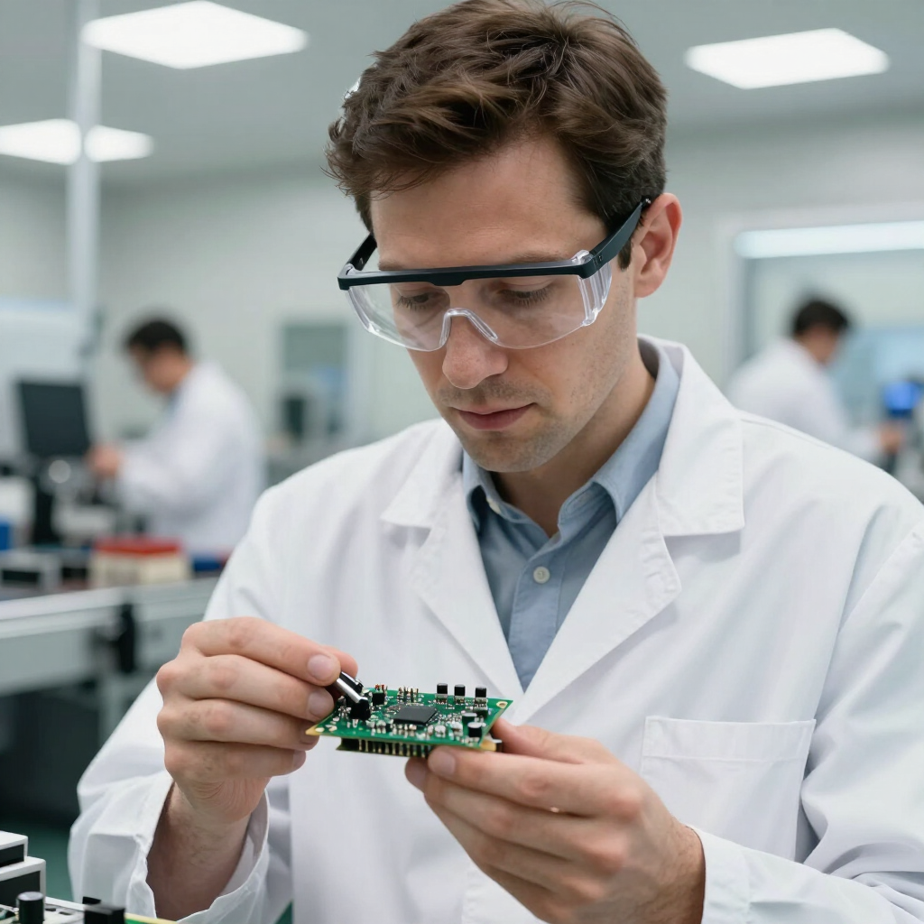 Technician in a lab coat and safety glasses inspecting a circuit board in a lab