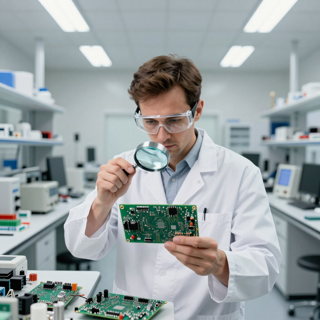 Technician inspecting a circuit board with a magnifying glass in a bright electronics lab