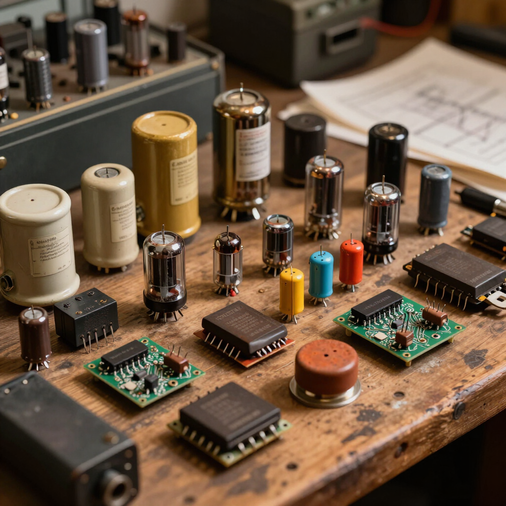 Assorted electronic components and circuit boards arranged on a workbench in a electronics lab
