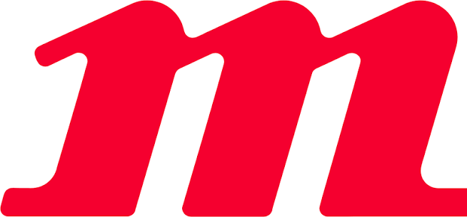 Red lowercase stylized letter “m” logo on a white background