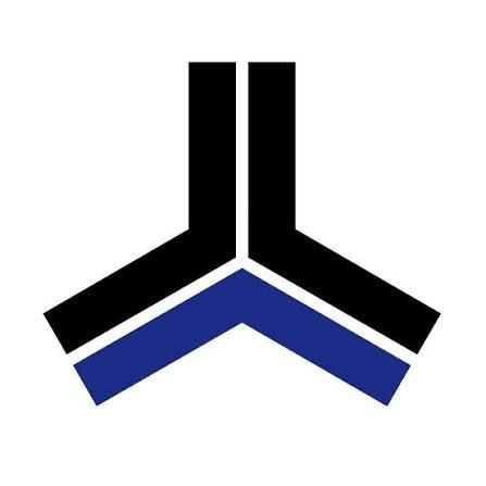 Abstract geometric logo with black and blue Y-shaped chevrons on a white background