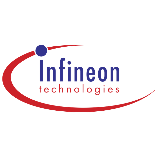 Infineon Technologies logo in blue and red with a swoosh design