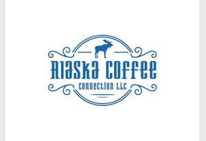 Blue logo with a moose silhouette, decorative flourishes, and the text "Alaska Coffee Connection LLC."