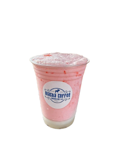 A plastic cup filled with a light pink, creamy strawberry drink, topped with foam and branded with a Moose Coffee sticker.