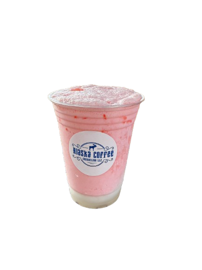 A plastic cup filled with a light pink, creamy strawberry drink, topped with foam and branded with a Moose Coffee sticker.