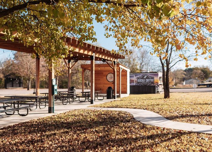 A wooden pergola covers picnic tables on a concrete patio in a park with golden autumn leaves and a food truck nearby.