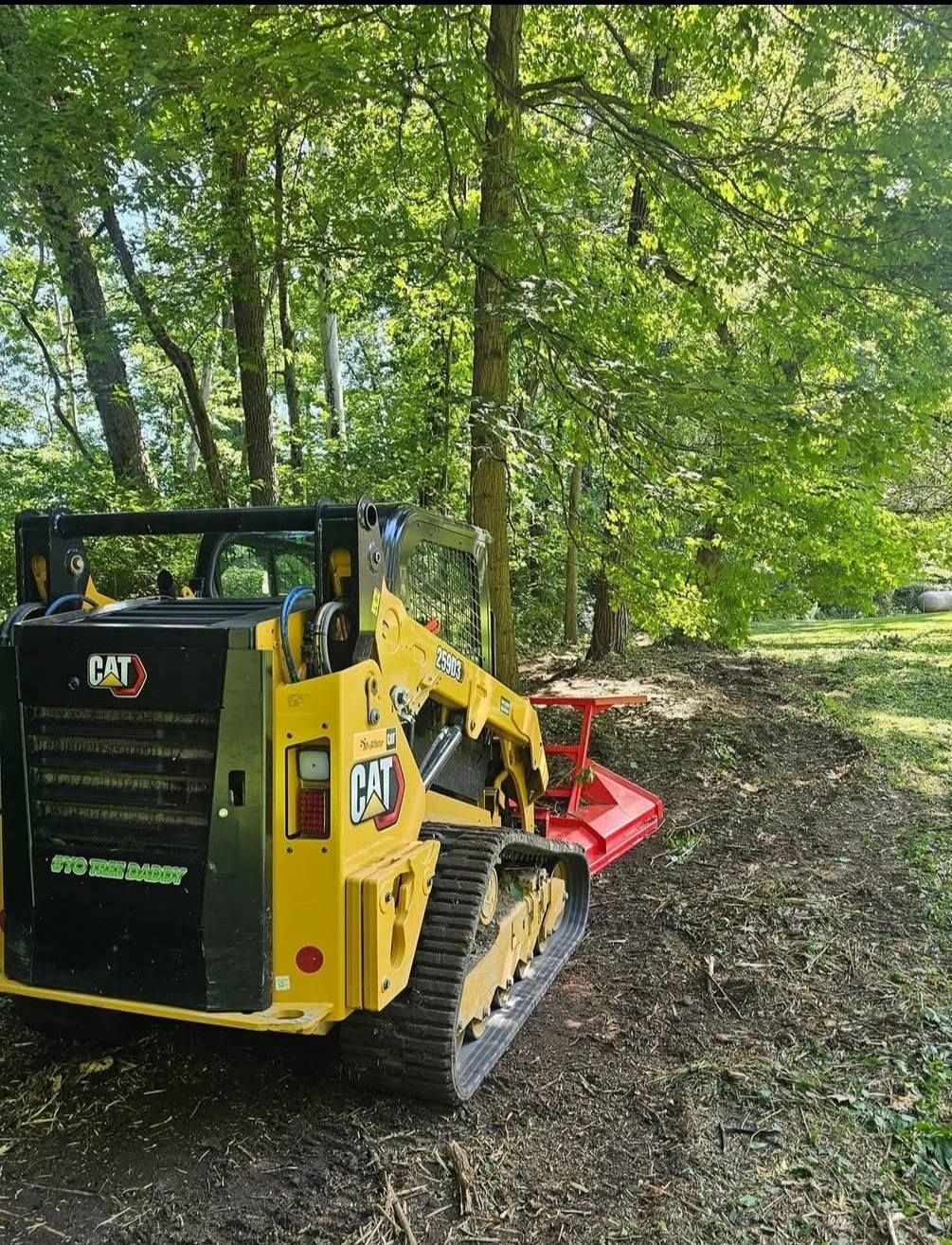 Yellow CAT skid steer with a mulcher attachment clearing brush in a wooded area.