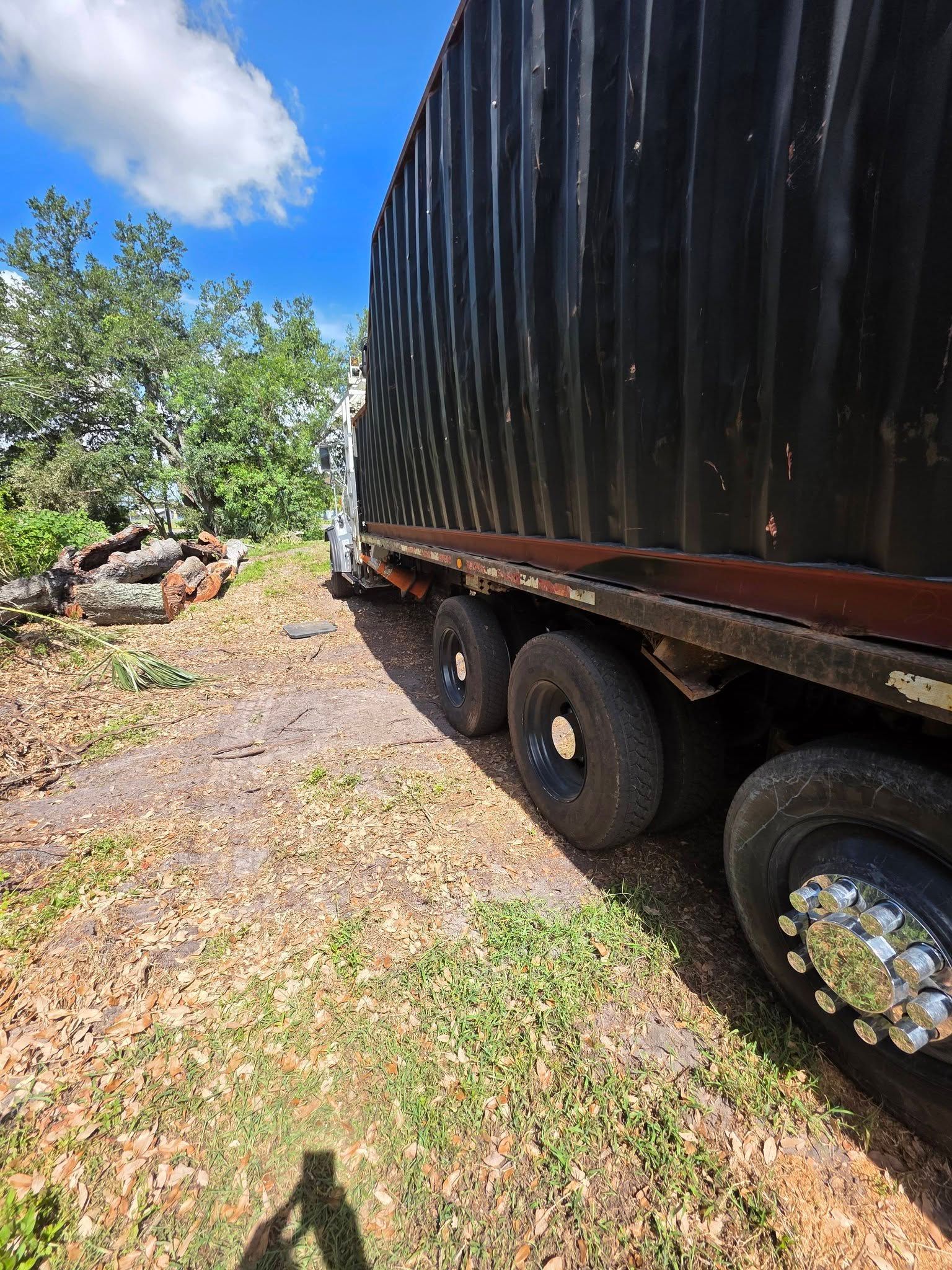 Black semi-truck trailer on a grassy area, sunny day. The wheels of the trailer are visible.