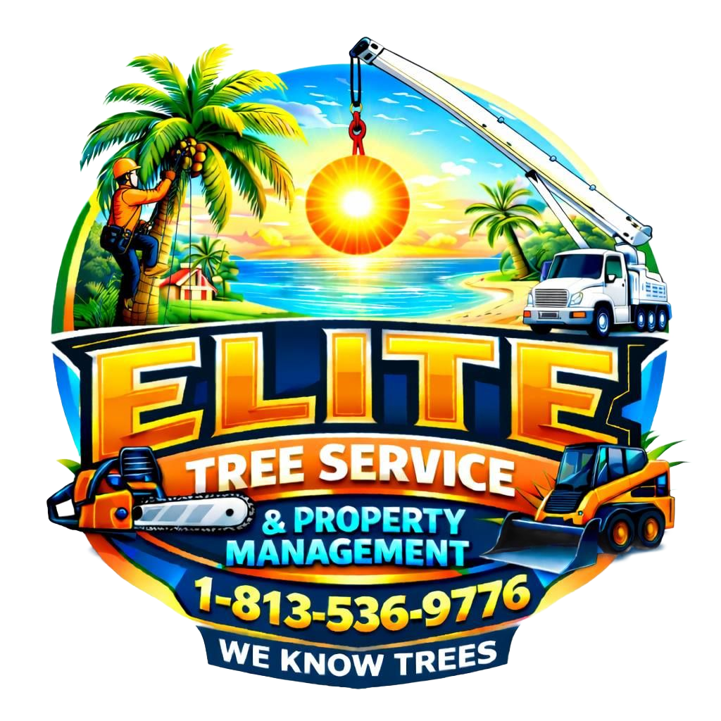 Logo for Elite Tree Service with palm trees, a worker, a crane, and a phone number.