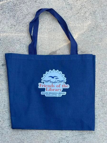 A blue tote bag that says friends of the library