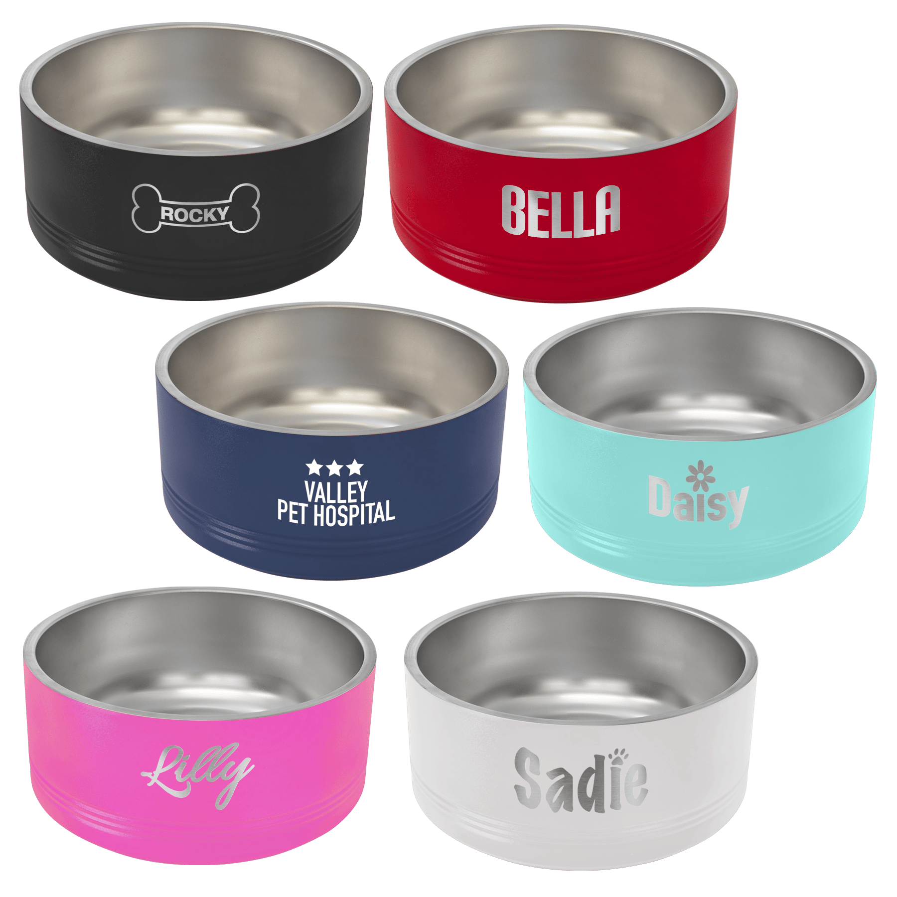 A variety of stainless steel dog bowls with names on them.