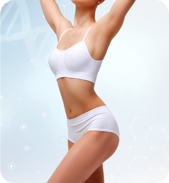 A woman in white underwear is standing with her arms in the air.