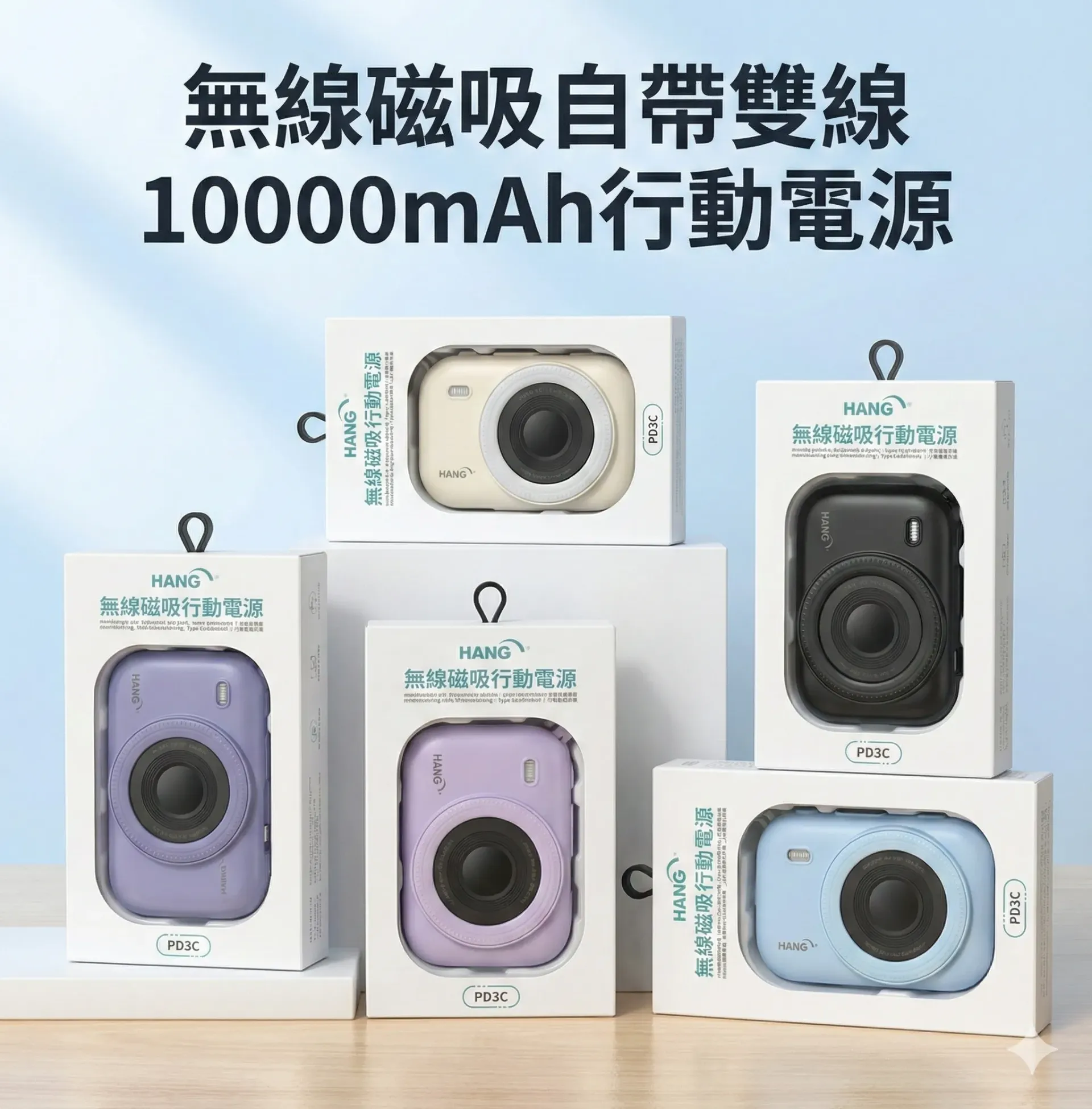 HANG 迷你七合一超無線磁吸自帶雙線10000mAh行動電源-自帶TypeC+Lightning線 新款 可充Apple Watch