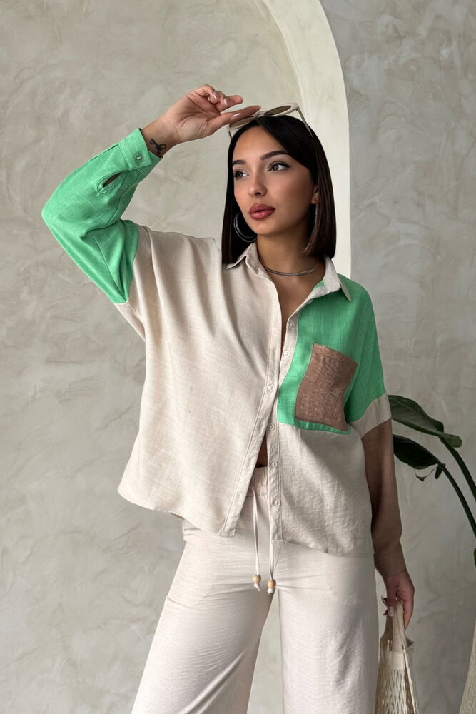 Colorblock Blouse Beige & Groen